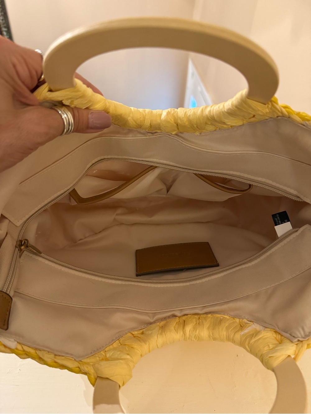Yellow Braided Half-Moon Lemon Tote Bag with Wooden Handles EUC - Picture 10 of 11